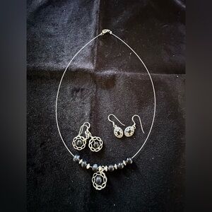 Silver Tone and Black Necklace with Two Pairs of Earrings
